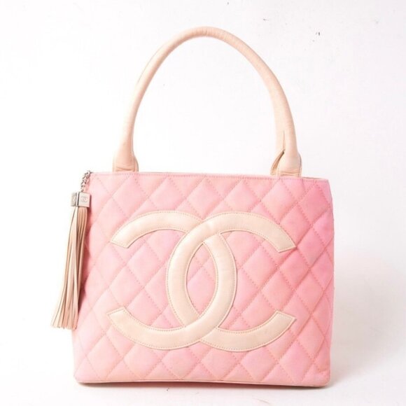 Authentic CHANEL CC Caviar Leather Canvas Medallion Tote Shoulder Bag Two-Tone - Picture 1 of 9